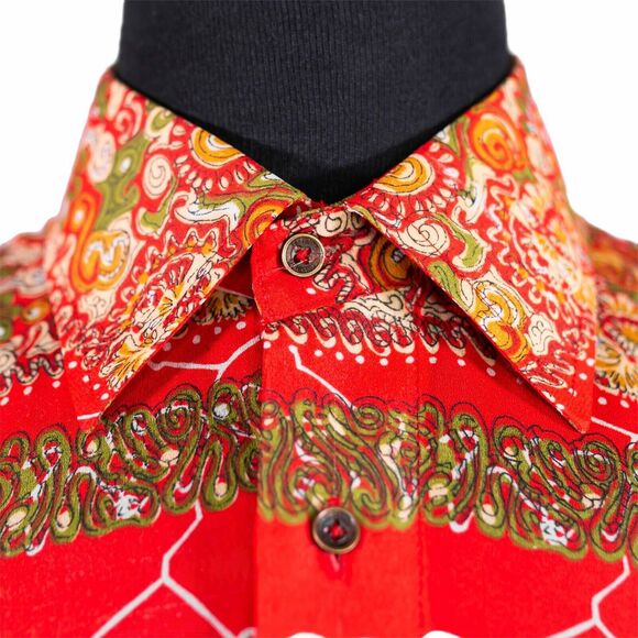 Mens Silky Shirt Button Up Red Abstract Graphic Summer Hawaiian Beach Medium - Picture 2 of 7